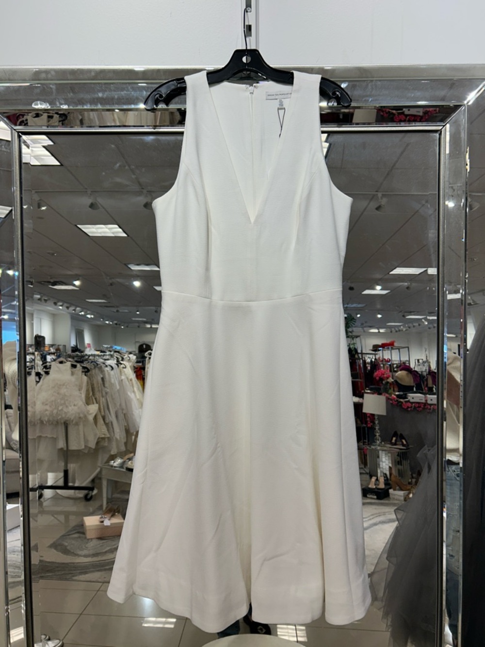 DRESS THE POPULATION Elegant White V-Neck Sleeveless Dress
